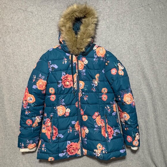 Matilda Jane Womens Large Winter Coat Floral Teal Hooded Break The Ice - Picture 1 of 7